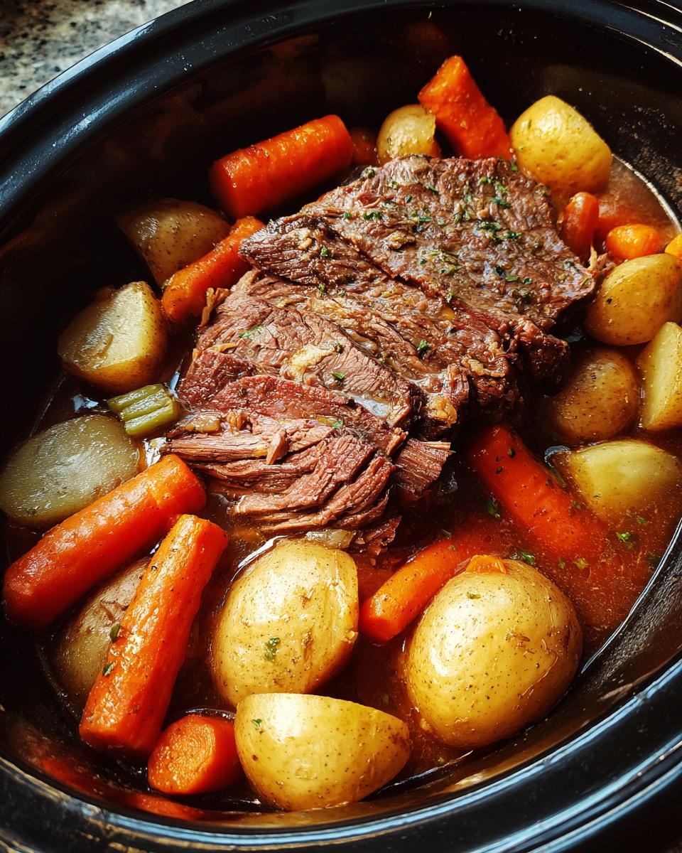 A hearty slow cooker pot roast with tender beef, potatoes, and carrots in a rich gravy.