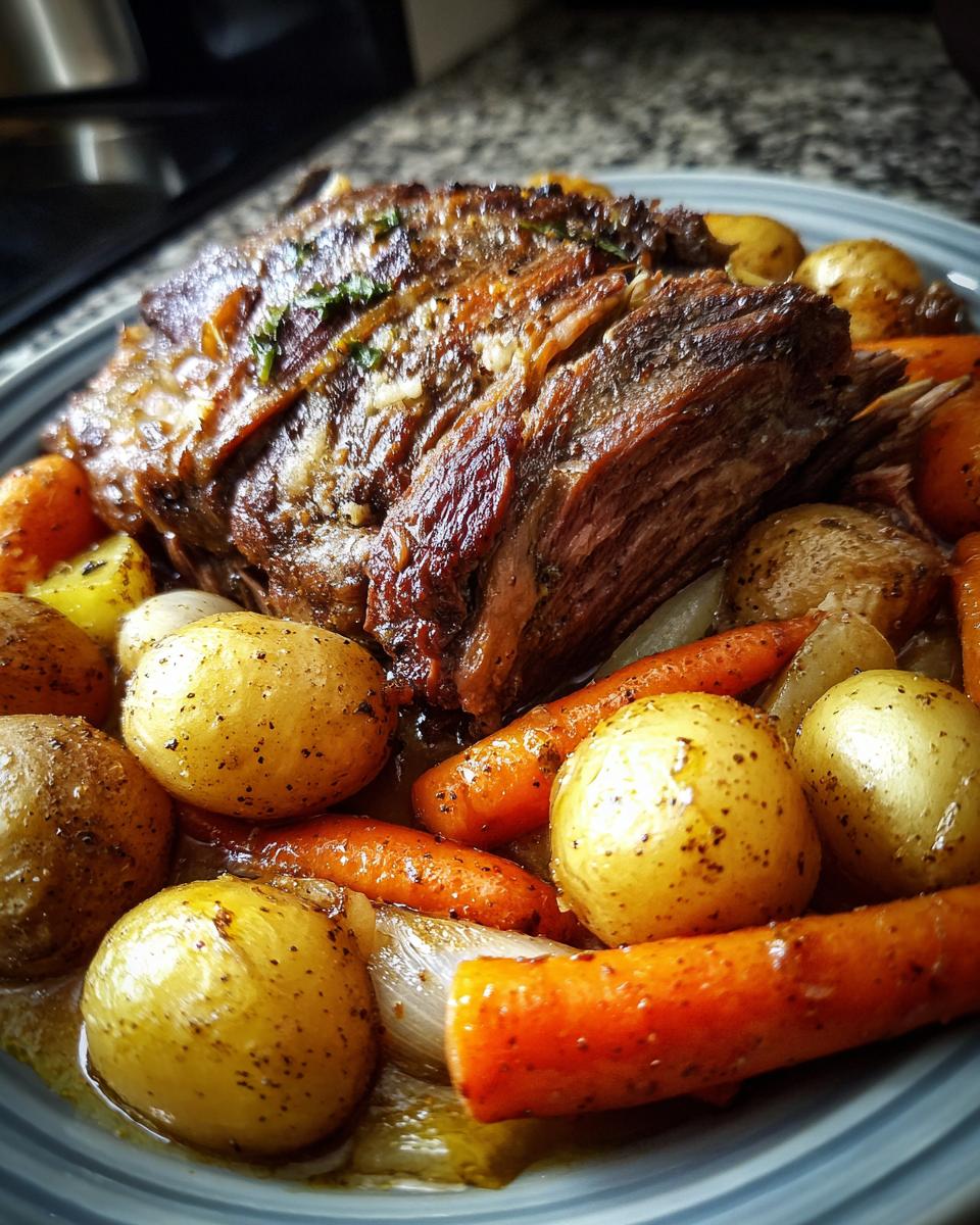 A close-up of a tender slow cooker pot roast surrounded by roasted potatoes and carrots, ready for a Sunday meal.