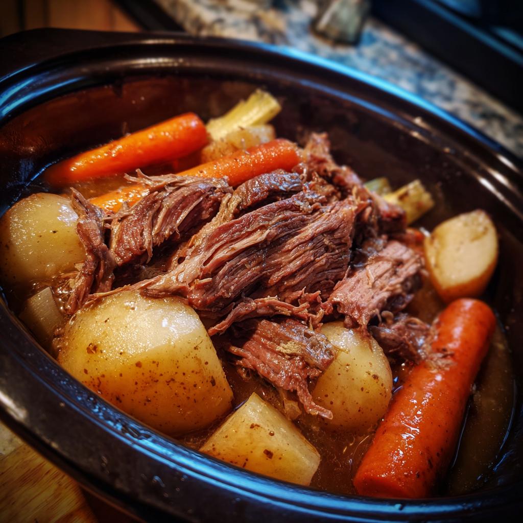 Tender slow cooker pot roast with carrots and potatoes in a dark crock pot, a perfect example of slow cooker recipes.