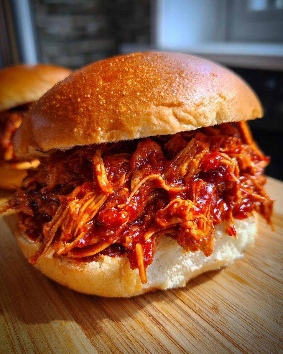 Close-up of a delicious sandwich filled with tender pulled BBQ chicken, perfect for slow cooker recipes.