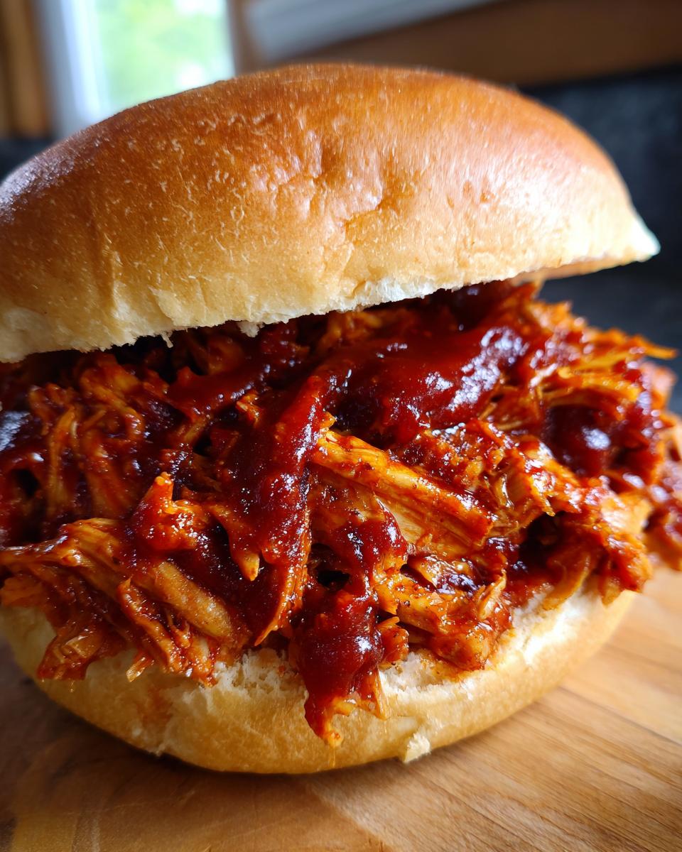 A close-up of a delicious sandwich filled with juicy slow cooker pulled BBQ chicken and smothered in BBQ sauce.