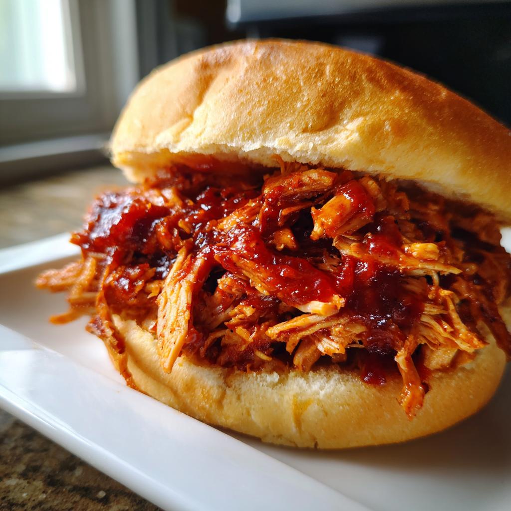 A delicious sandwich filled with tender pulled BBQ chicken, made with slow cooker recipes.