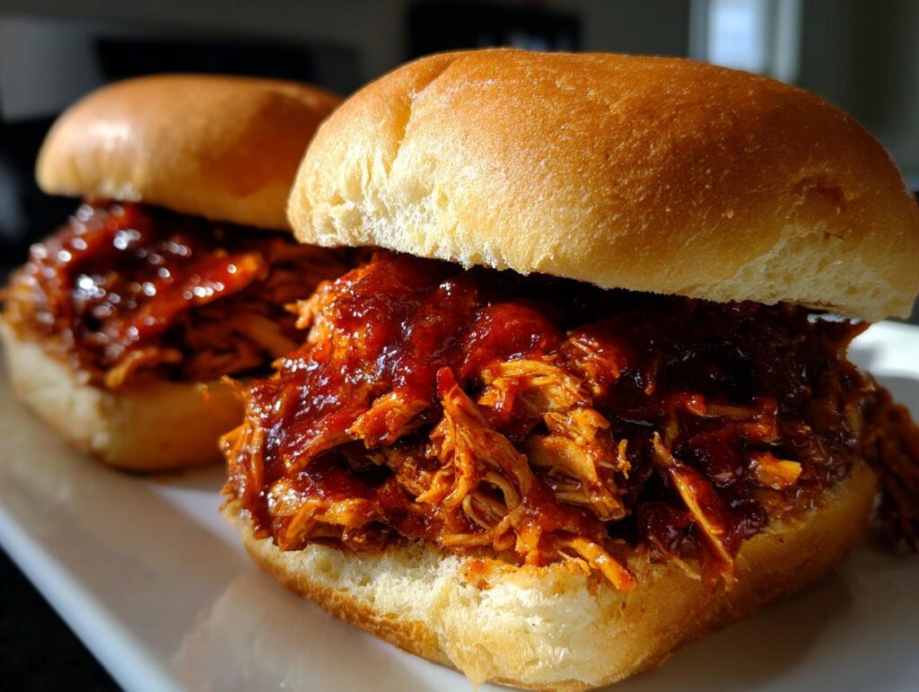 Close-up of two delicious pulled BBQ chicken sandwiches made with slow cooker recipes, piled high on soft buns.