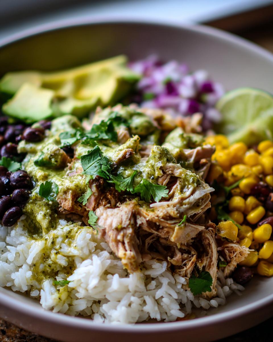 A close-up of a Slow Cooker Salsa Verde Chicken Taco Bowl with rice, shredded chicken, black beans, corn, avocado, and lime.