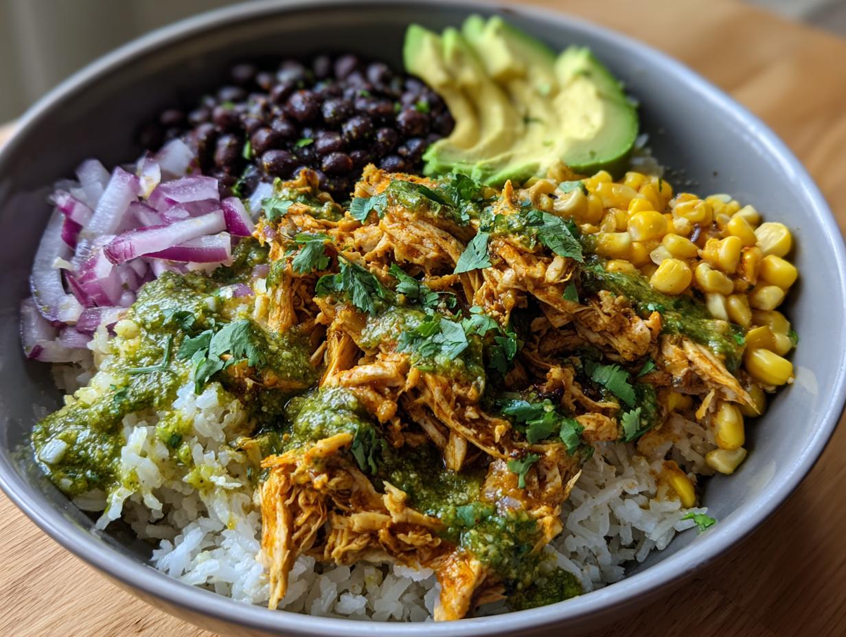 A close-up of a Slow Cooker Salsa Verde Chicken Taco Bowl with rice, black beans, corn, avocado, and red onion.
