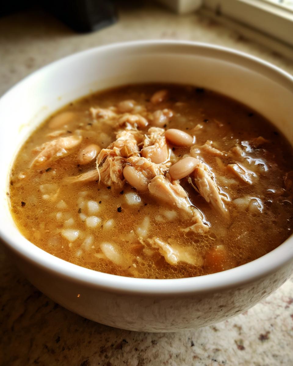 A close-up of a bowl of slow cooker white chicken chili, showcasing shredded chicken and white beans in a savory broth.