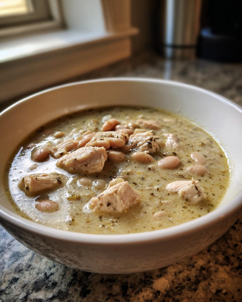 A close-up of a bowl of creamy Slow Cooker White Chicken Chili full of flavor, with chunks of chicken and white beans.