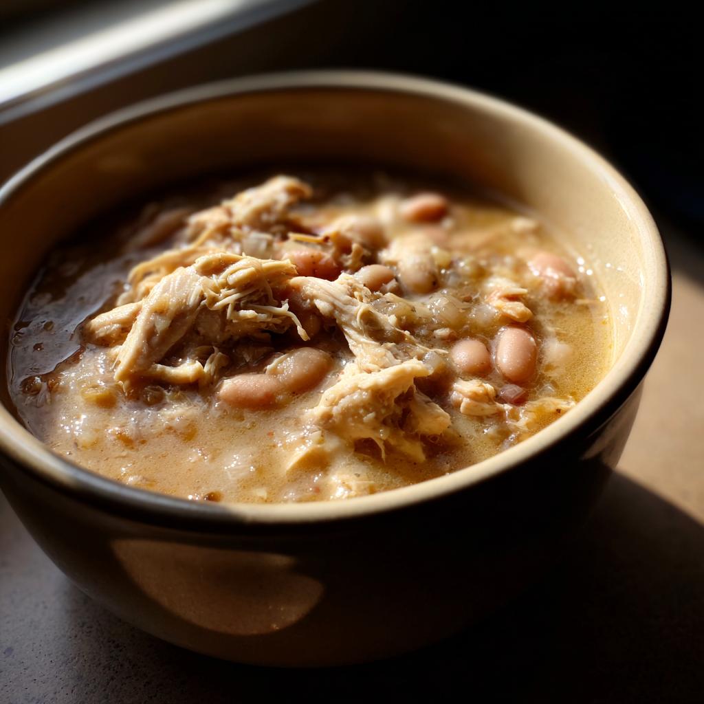 A close-up of a bowl of slow cooker white chicken chili, showcasing shredded chicken and white beans in a creamy broth.