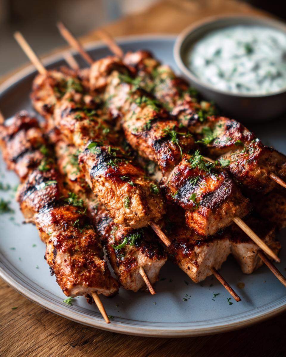 Close-up of perfectly grilled smoky chicken skewers served with a side of garlic yogurt dip.