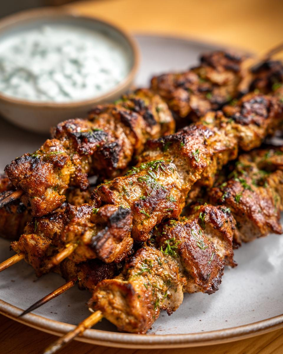 Close-up of perfectly grilled smoky chicken skewers with herbs, served with a side of garlic yogurt dip.