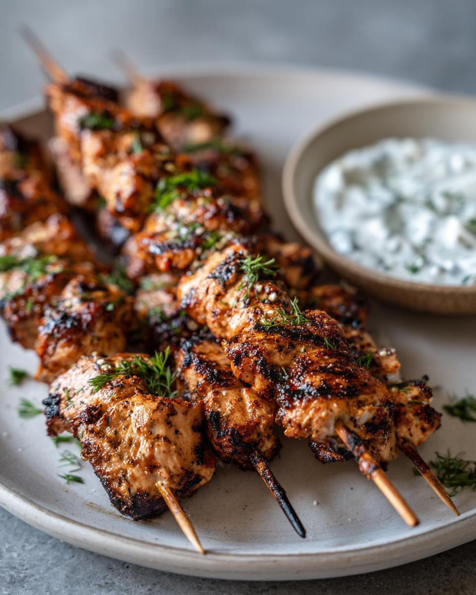 Close-up of perfectly grilled smoky chicken skewers served with a side of creamy garlic yogurt dip.