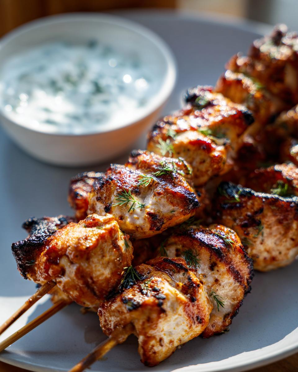 Close-up of perfectly grilled smoky chicken skewers served with a side of creamy garlic yogurt dip.