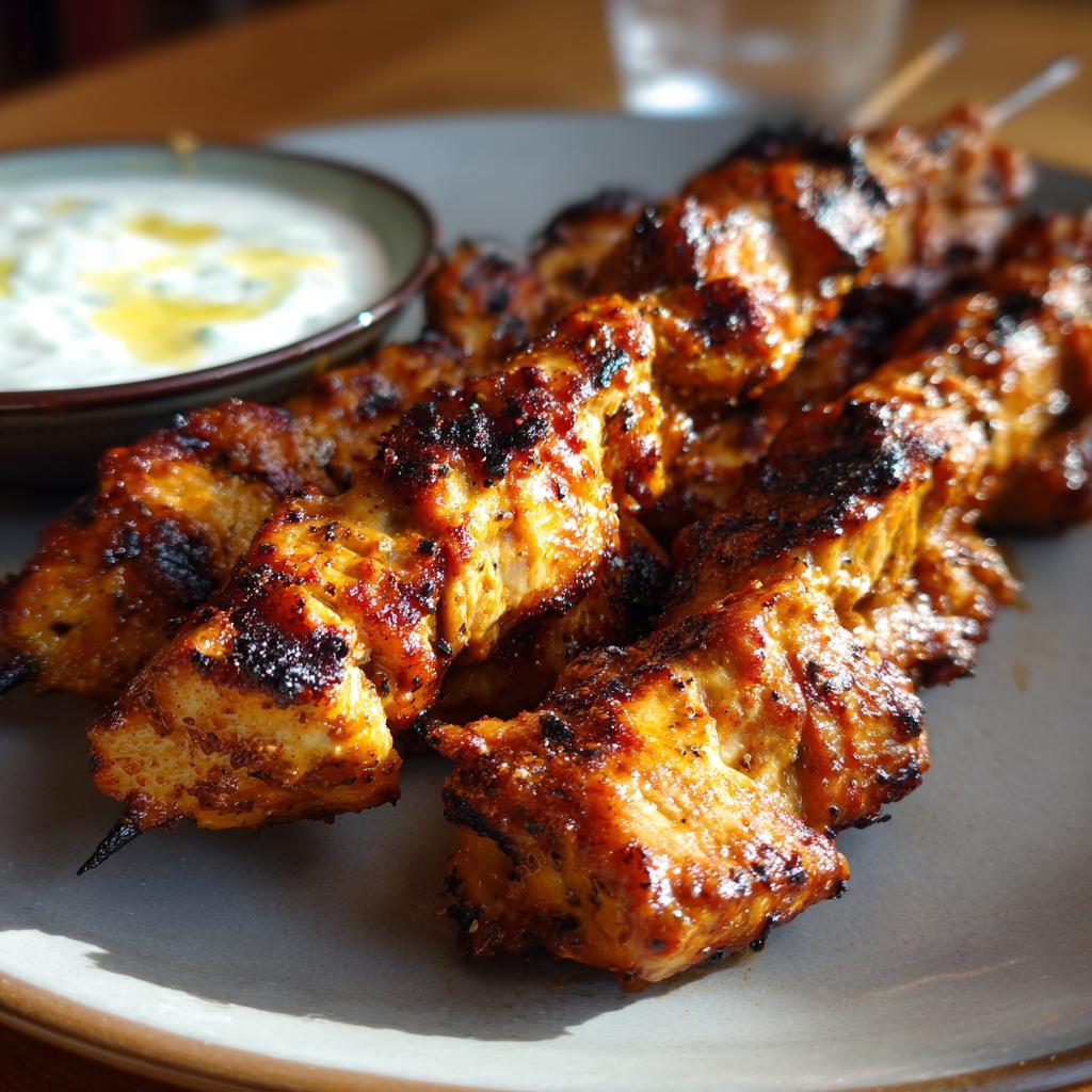Close-up of grilled smoky chicken skewers served with a side of garlic yogurt dip.