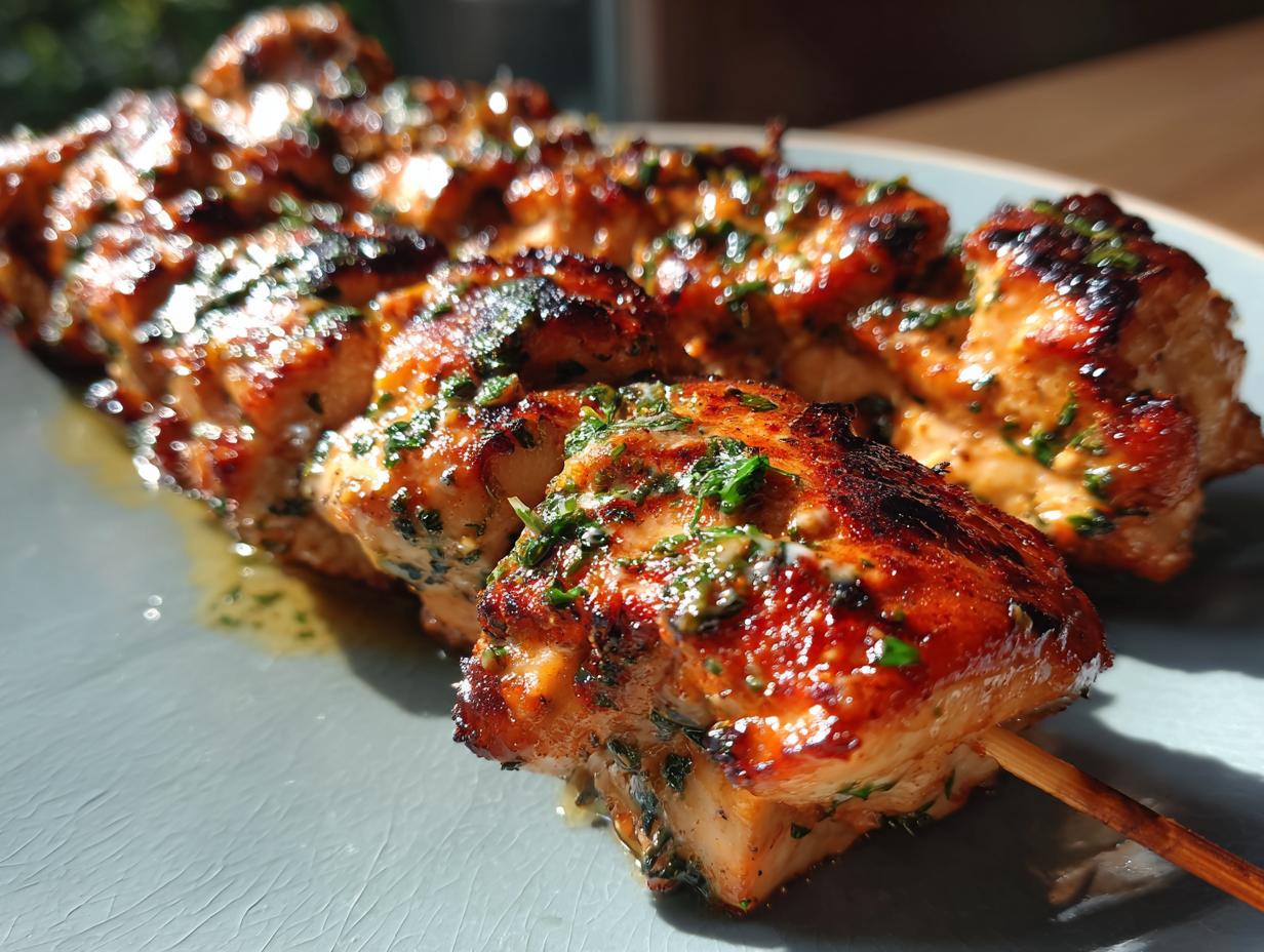 Close-up of juicy, grilled smoky chicken skewers seasoned with fresh herbs on a plate.