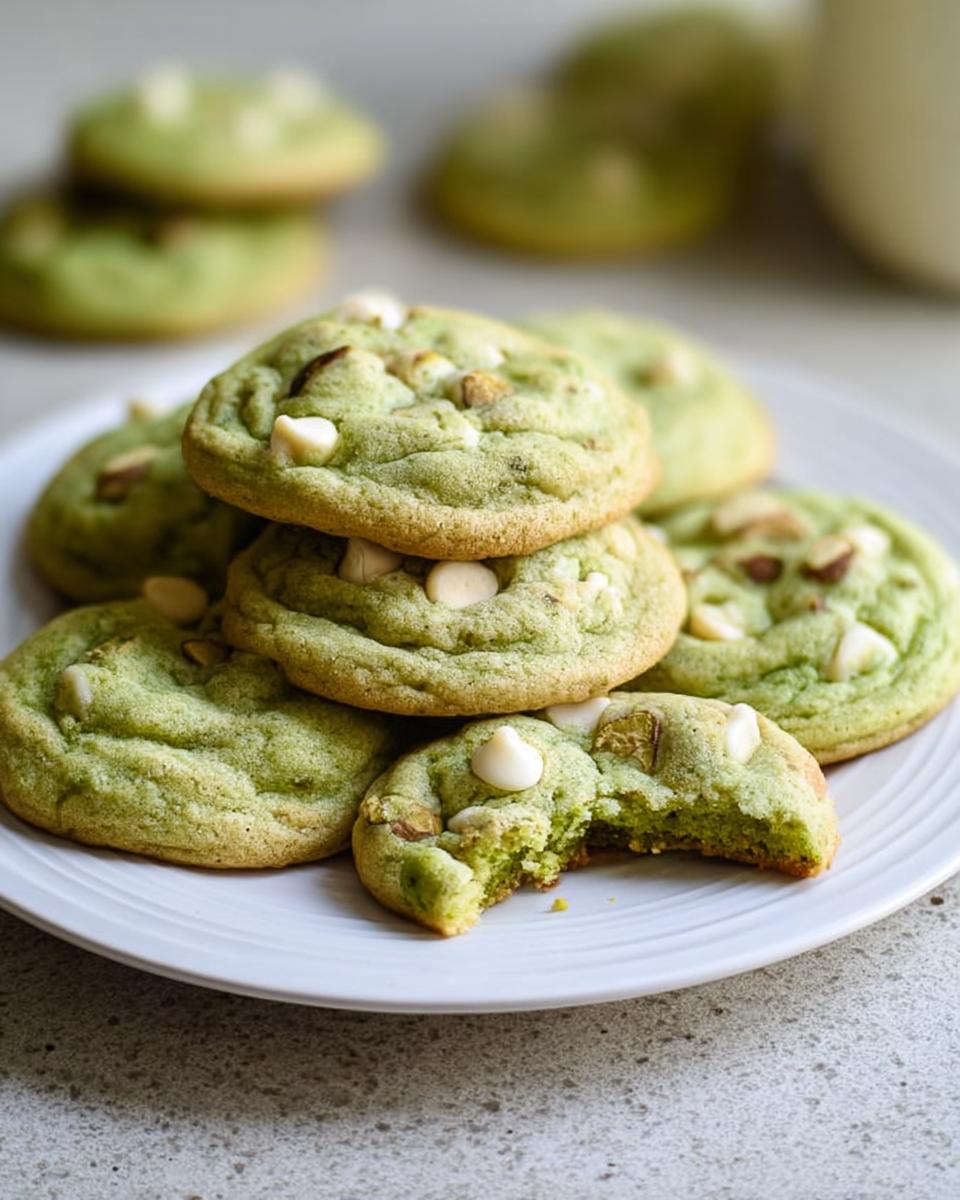 A stack of soft and chewy pistachio pudding cookies with white chocolate chips and chopped pistachios.