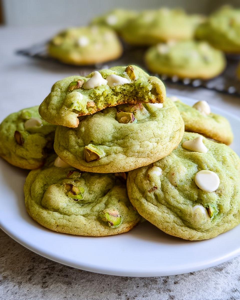 A stack of soft and chewy pistachio pudding cookies with white chocolate chips and chopped pistachios.