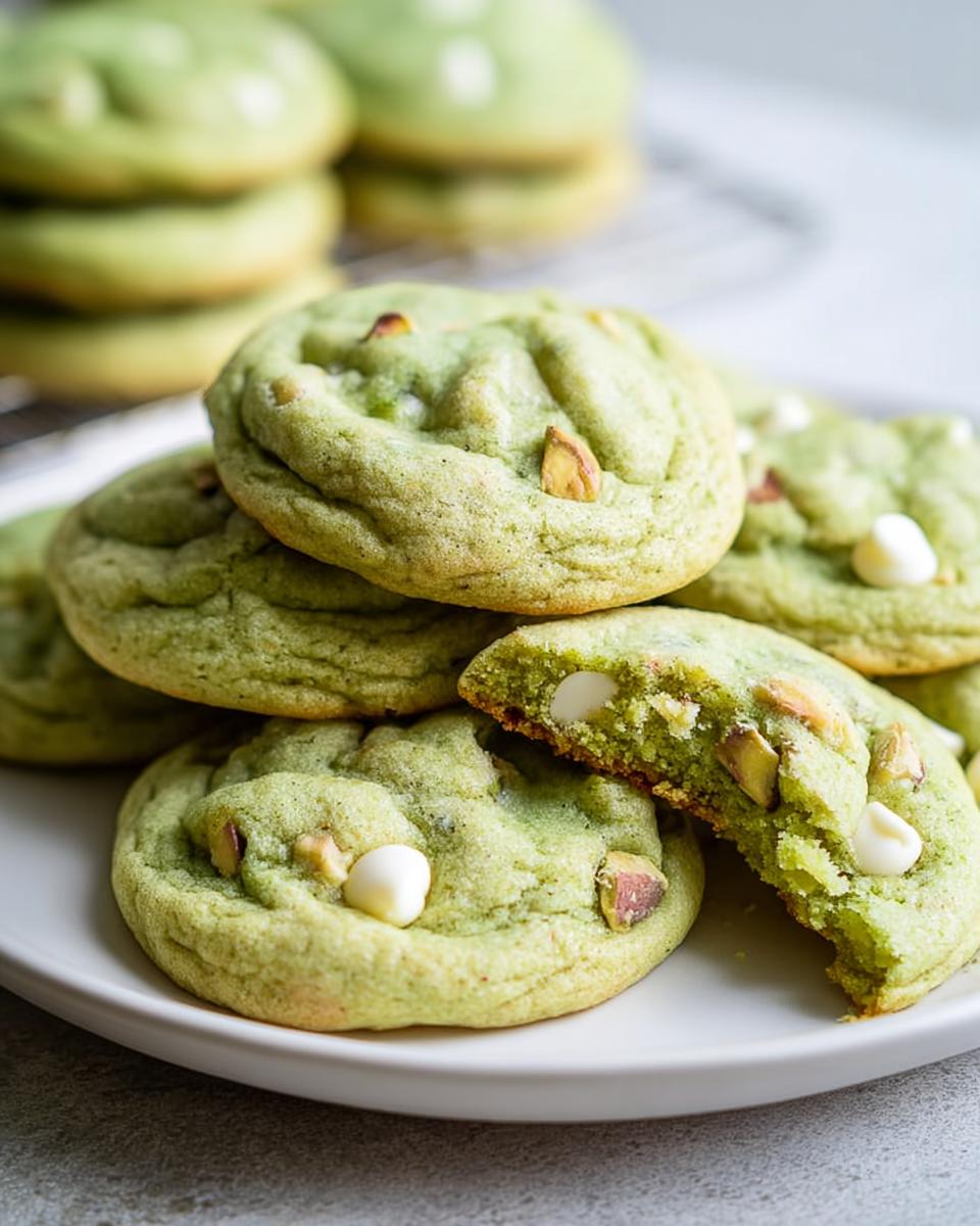 A close-up of soft and chewy pistachio pudding cookies, studded with white chocolate chips and chopped pistachios.