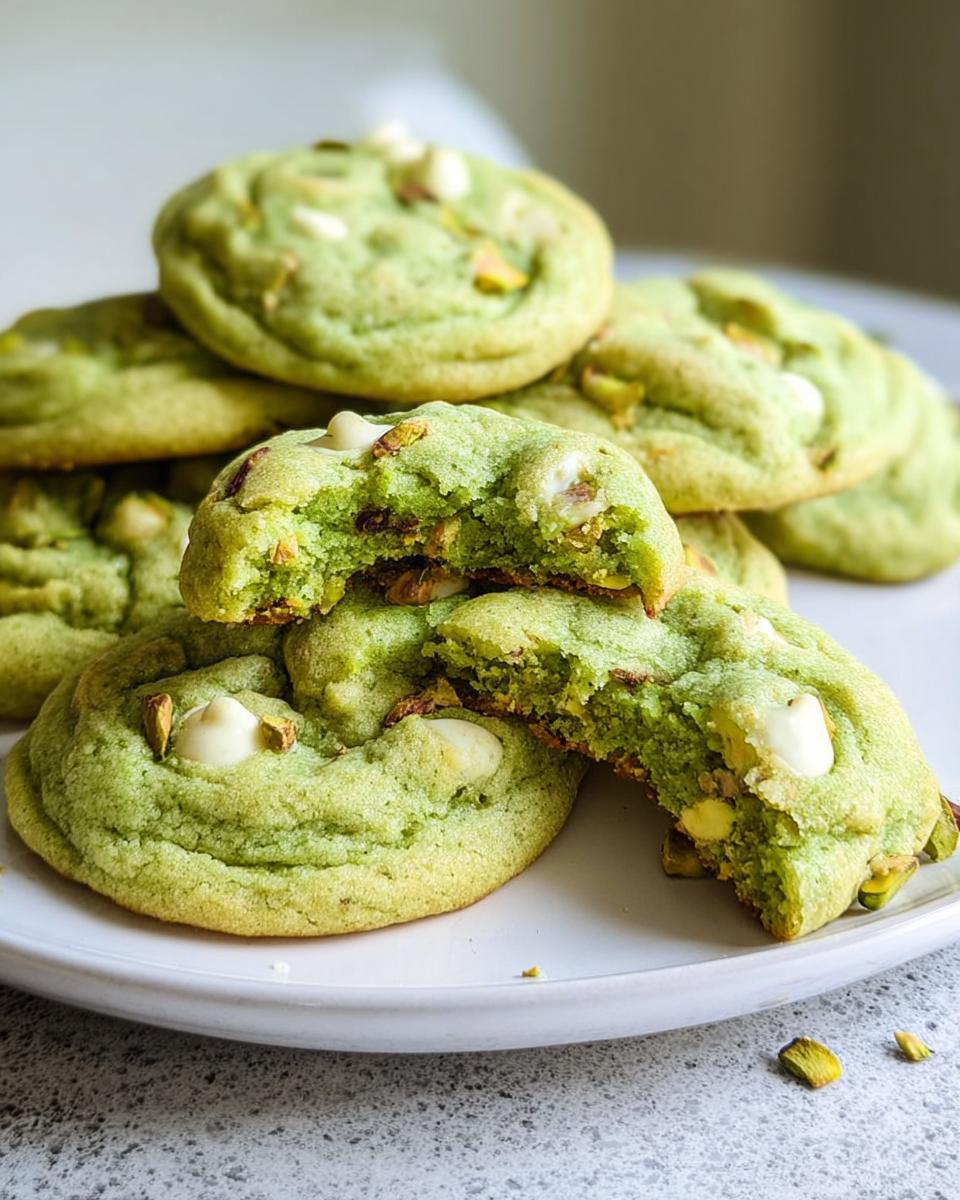 A stack of soft and chewy pistachio pudding cookies with white chocolate chips and chopped pistachios.