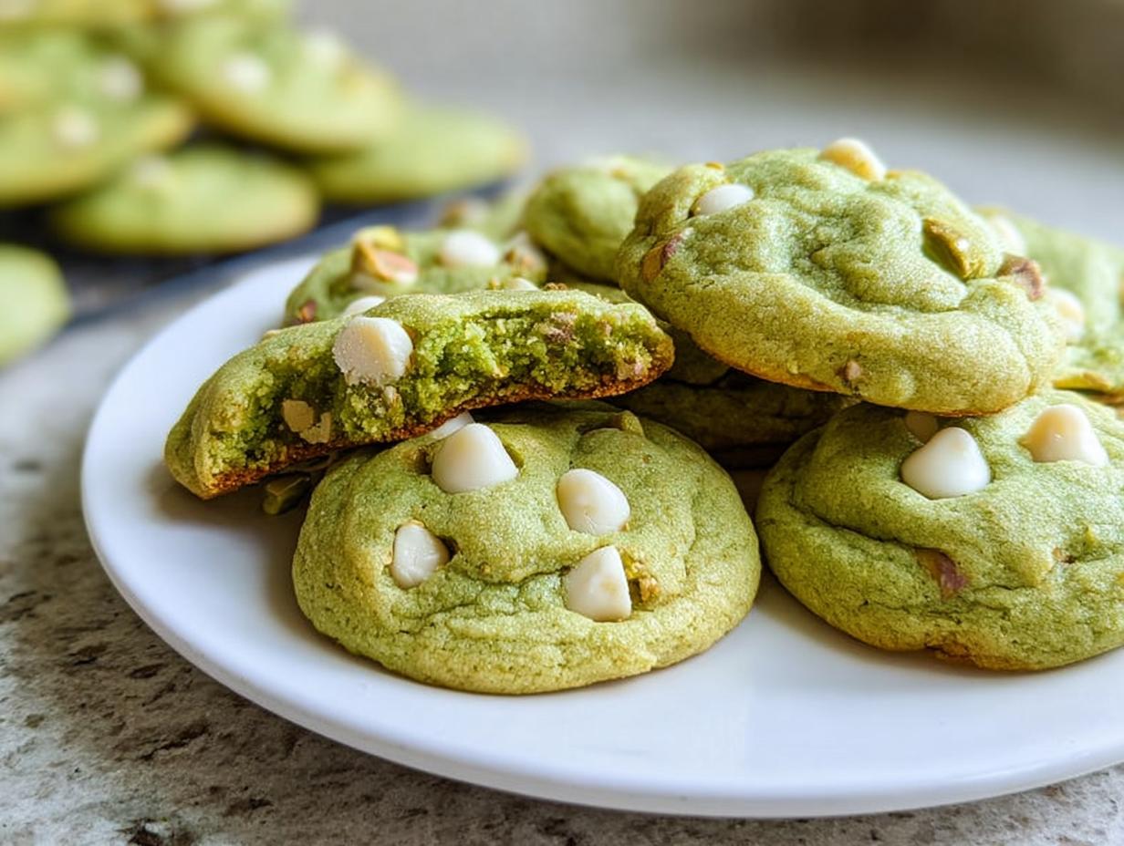 A close-up of soft and chewy pistachio pudding cookies with white chocolate chips and chopped pistachios.