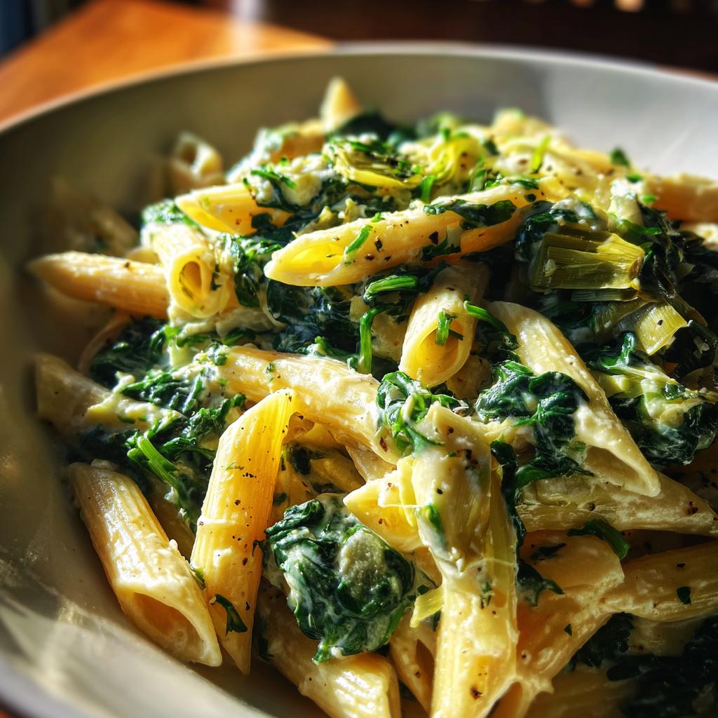 A close-up of creamy spinach artichoke pasta with penne noodles, showcasing the rich sauce and vibrant green vegetables.