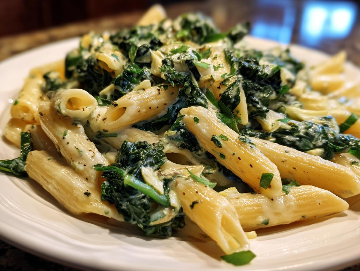 Close-up of creamy spinach artichoke pasta with penne noodles, garnished with fresh parsley.
