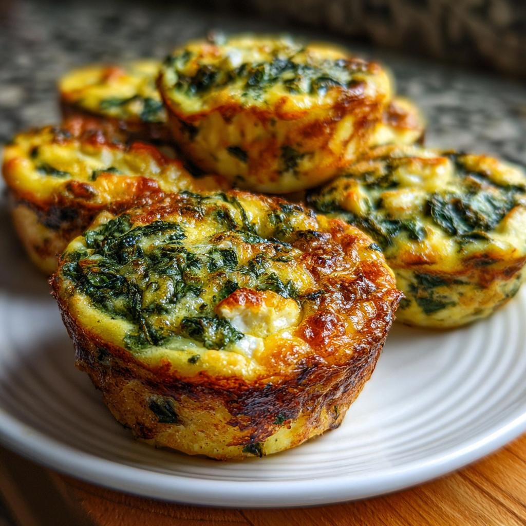 A close-up of several golden-brown spinach feta egg muffins on a white plate, showcasing the delicious texture and ingredients.