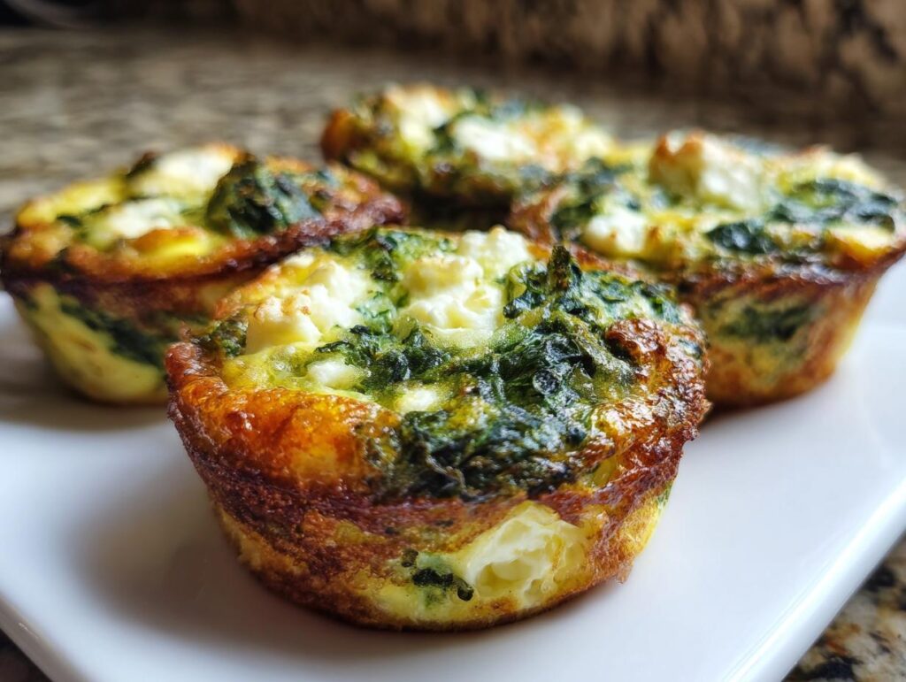 Close-up of delicious spinach feta egg muffins, showcasing a golden-brown crust and fluffy interior.