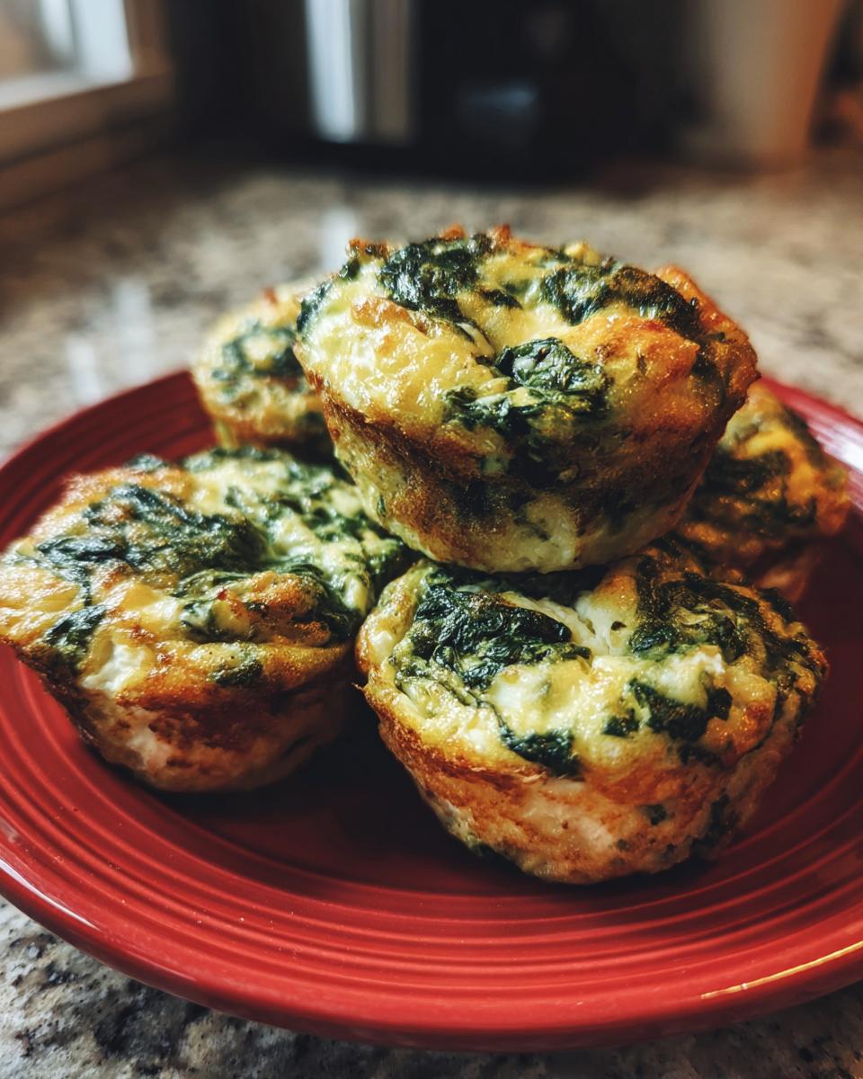 A stack of golden-brown spinach feta egg muffins on a red plate, showcasing a delicious breakfast idea.