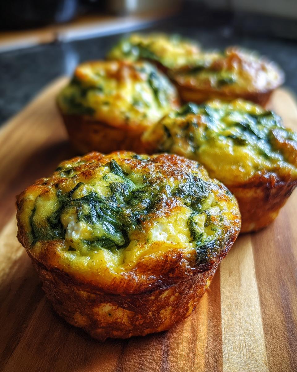 Close-up of golden-brown spinach feta egg muffins on a wooden board, showcasing the fluffy texture and visible spinach and feta cheese.