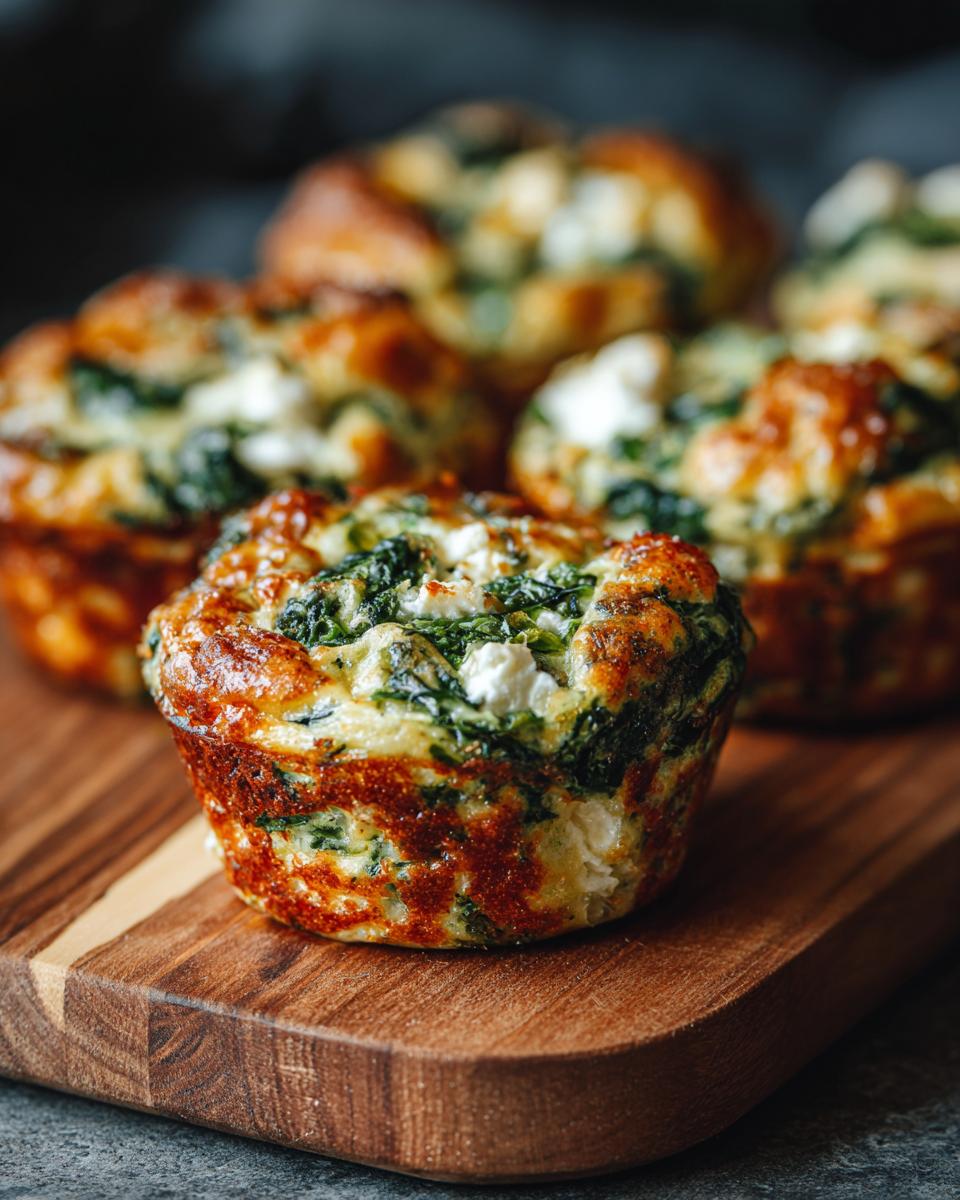 Close-up of golden-brown spinach feta egg muffins on a wooden board, showcasing the fluffy texture and feta cheese.