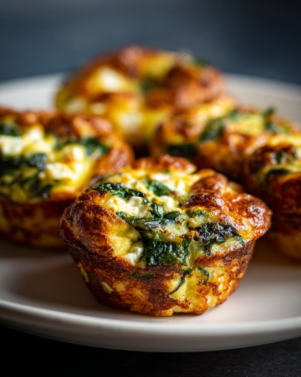 Close-up of golden-brown spinach feta egg muffins on a white plate, showcasing the fluffy egg, wilted spinach, and crumbled feta cheese.