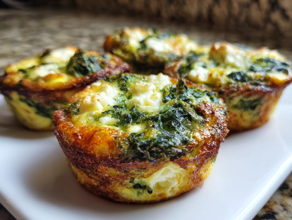 Close-up of delicious spinach feta egg muffins, showcasing a golden-brown crust and fluffy interior.