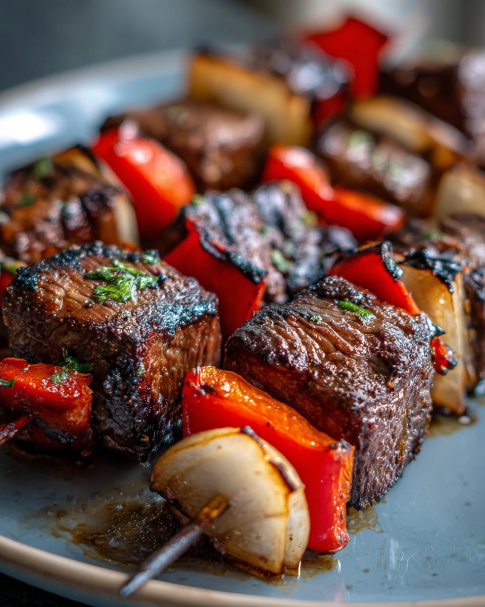 Close-up of grilled steak kabobs with chunks of red bell pepper and onion, garnished with herbs.