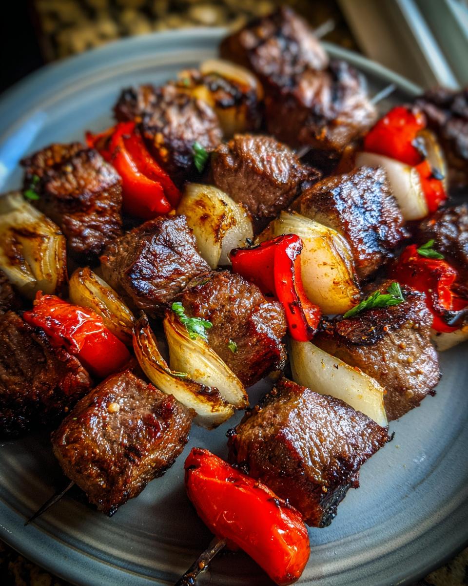 Close-up of grilled steak kabobs with red peppers and onions, seasoned and charred to perfection.