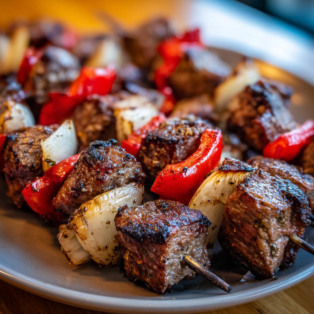 Close-up of grilled steak kabobs with chunks of juicy steak, red bell peppers, and white onions on a plate.