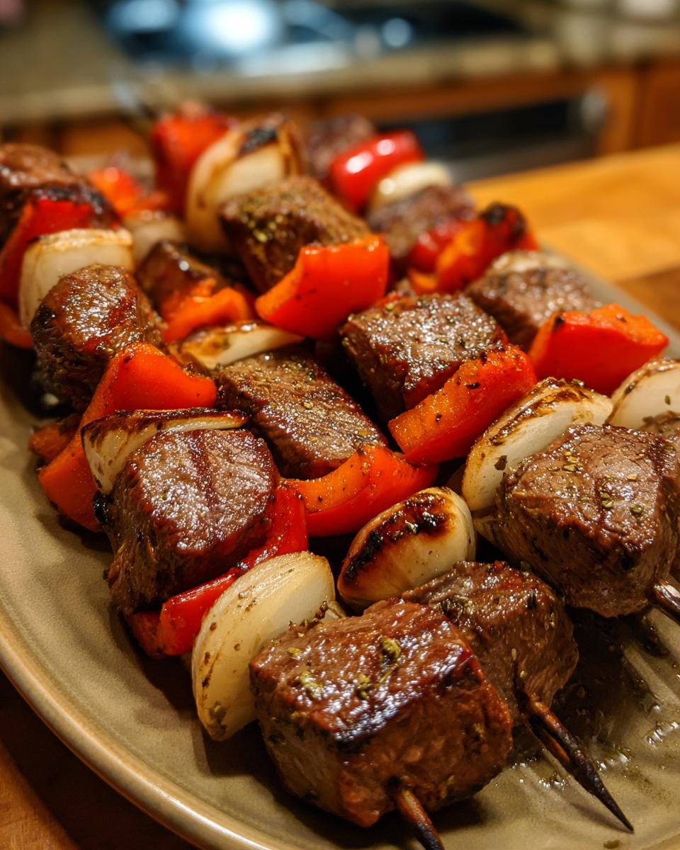 Close-up of grilled steak kabobs with peppers and onions, seasoned and ready to serve.