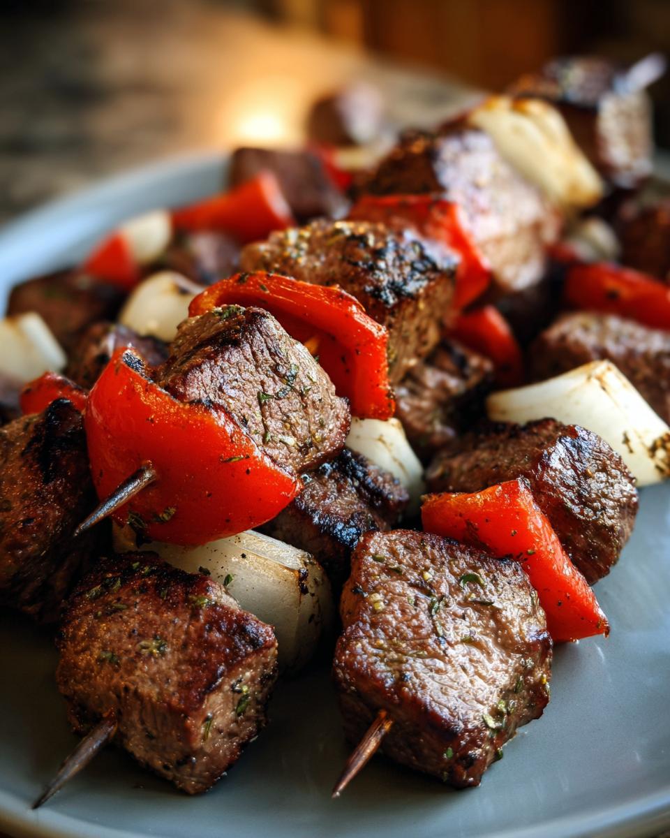 Close-up of grilled steak kabobs with chunks of red bell pepper and white onion, seasoned with herbs.