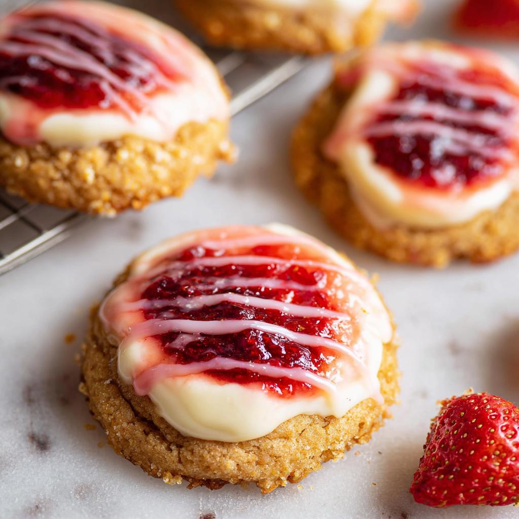 Close-up of delicious Strawberry Cheesecake Cookies Pretty topped with cream cheese frosting and strawberry jam.