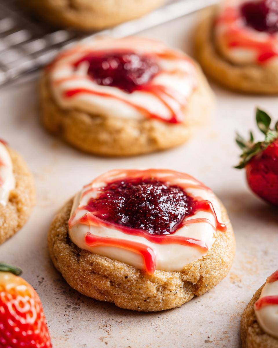 Close-up of a Strawberry Cheesecake Cookie Pretty with cream cheese frosting and strawberry jam.