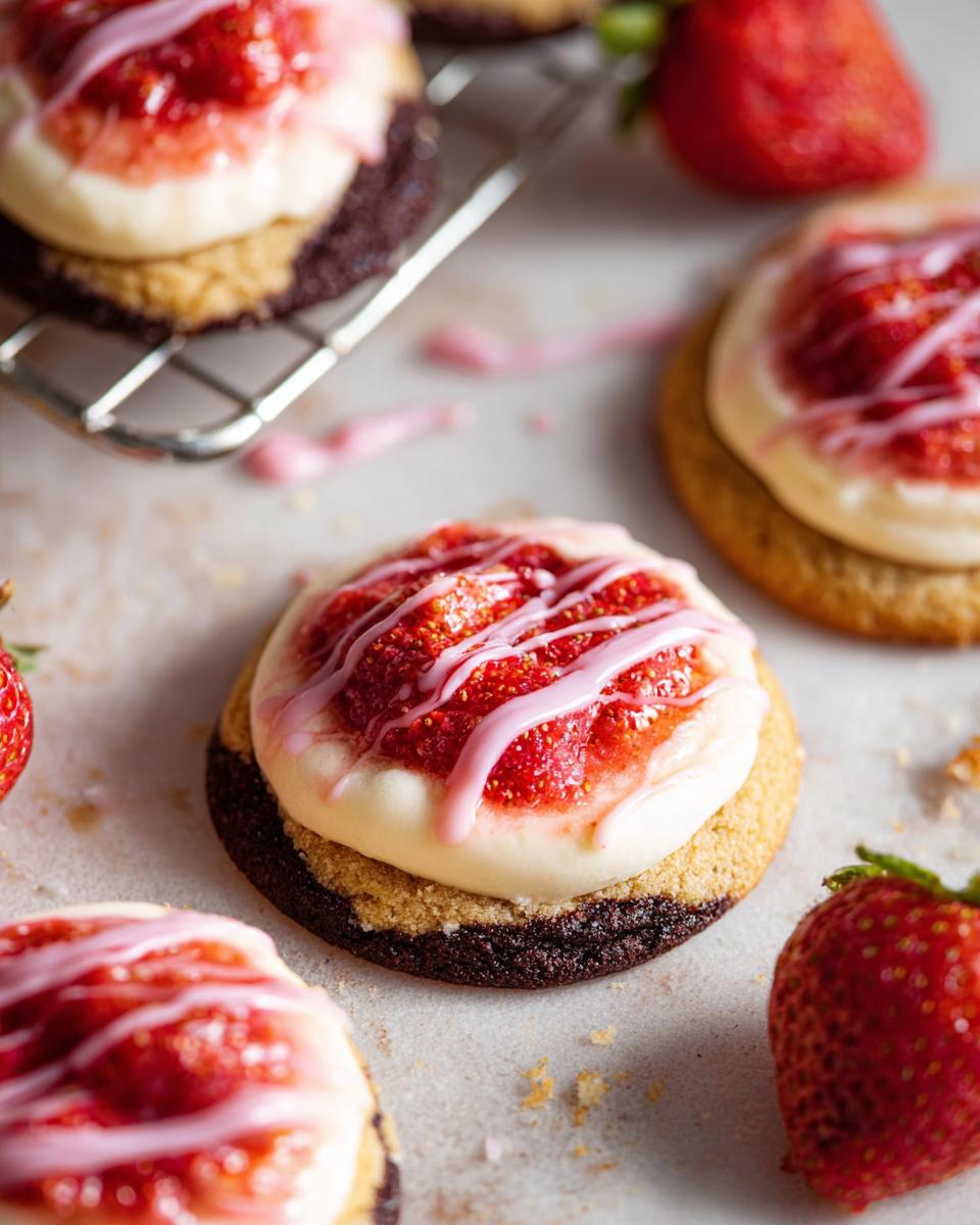 Close-up of delicious Strawberry Cheesecake Cookies topped with cream cheese frosting, strawberry filling, and pink drizzle.