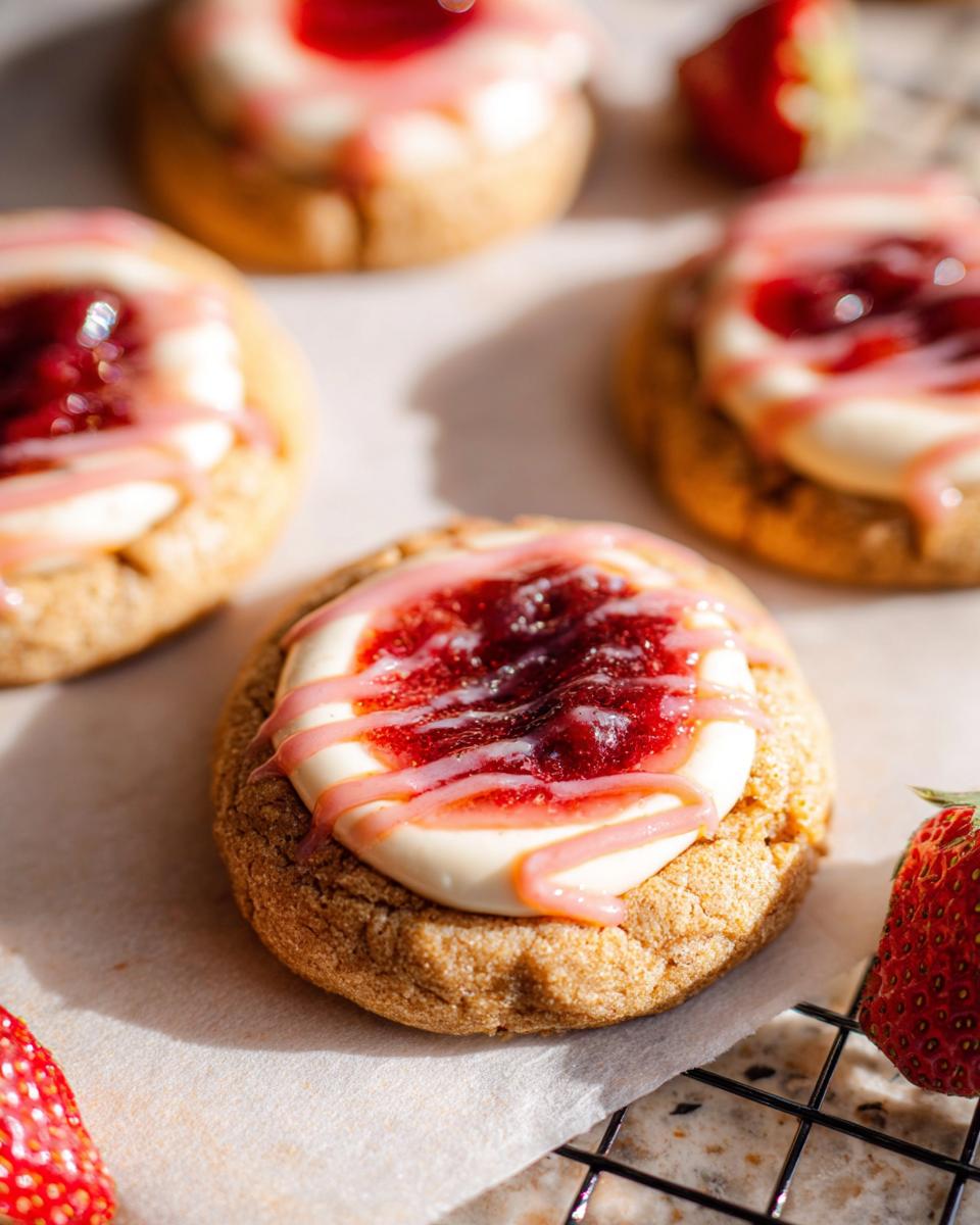 Close-up of a delicious Strawberry Cheesecake Cookie topped with cream cheese frosting and strawberry jam, drizzled with pink icing.