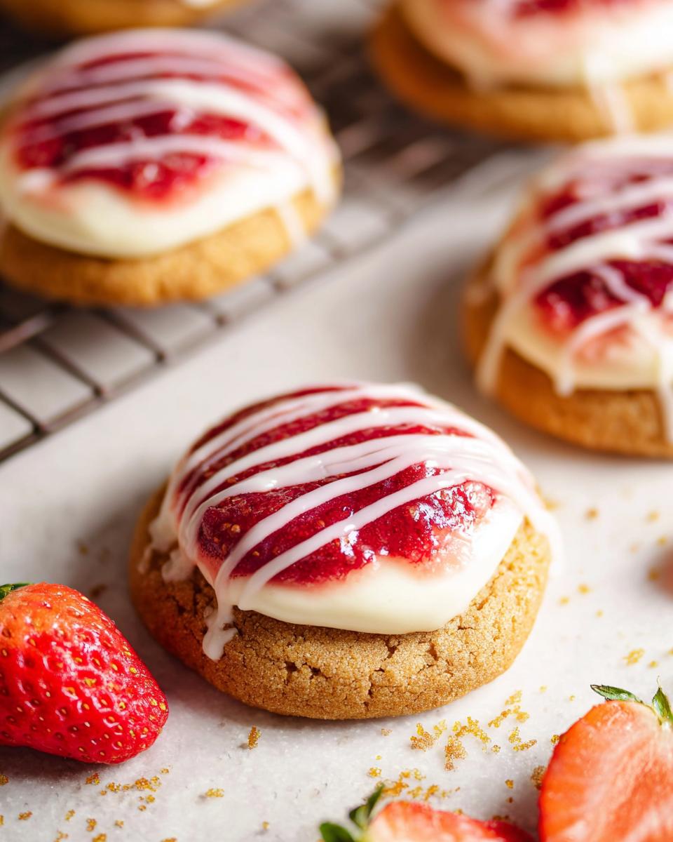 Close-up of a Strawberry Cheesecake Cookie Pretty, topped with cream cheese frosting and strawberry jam, drizzled with white icing.