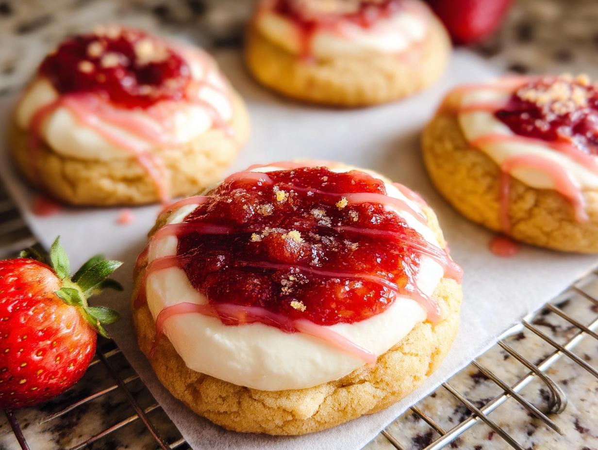 Close-up of a Strawberry Cheesecake Cookie Pretty topped with cream cheese frosting, strawberry jam, and pink drizzle.