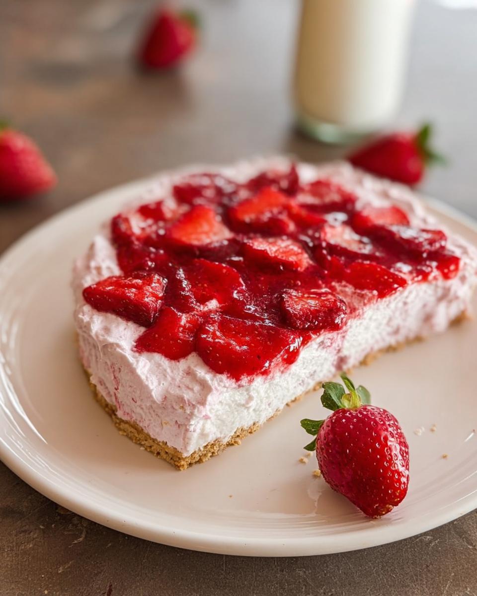 A slice of no-bake strawberry cloud cake on a white plate, topped with fresh strawberries.