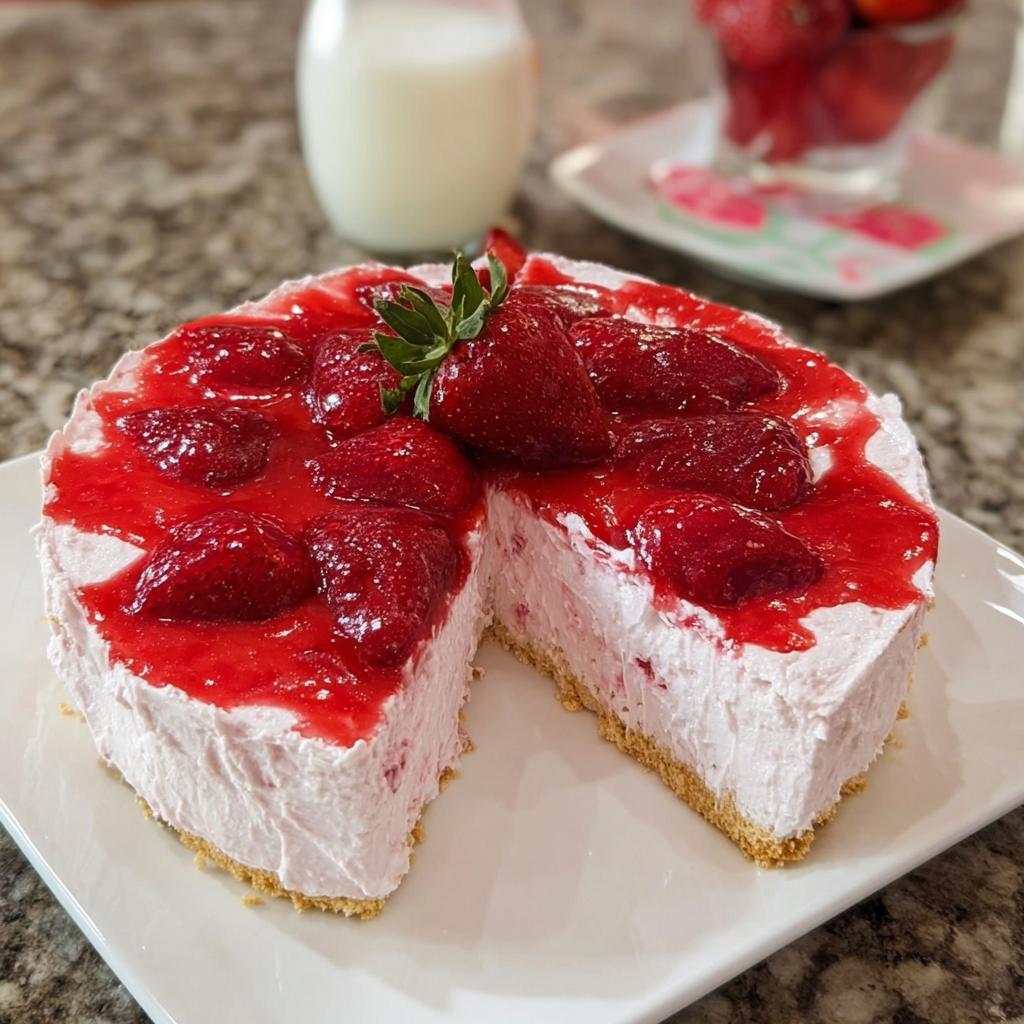 A slice of no-bake strawberry cloud cake topped with fresh strawberries and strawberry sauce.