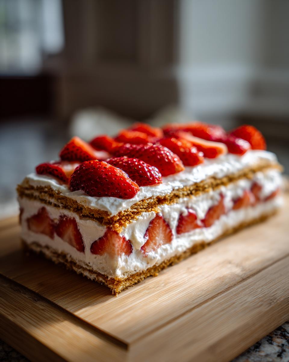 A rectangular creamy strawberry icebox cake layered with whipped cream and fresh strawberries, topped with more berries.