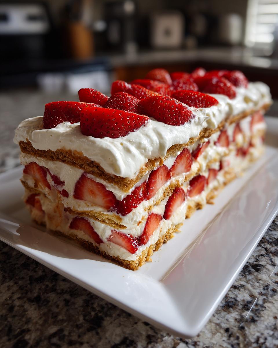 A rectangular strawberry icebox cake layered with cookies, cream, and fresh strawberries, topped with whipped cream and sliced strawberries.
