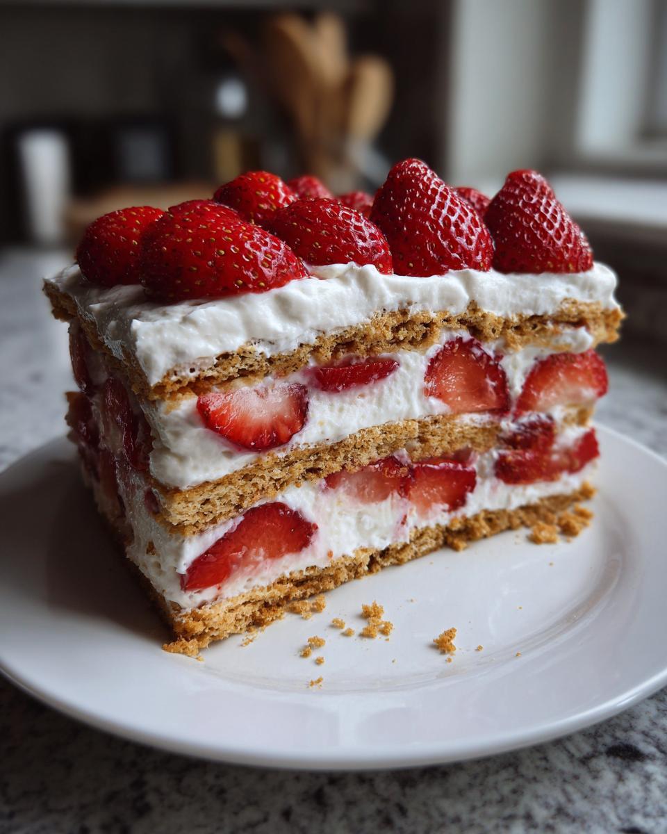 A slice of creamy strawberry icebox cake with layers of graham crackers, whipped cream, and fresh strawberries.