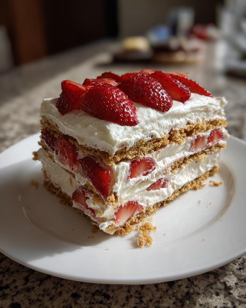 A slice of creamy strawberry icebox cake layered with graham crackers and fresh strawberries.