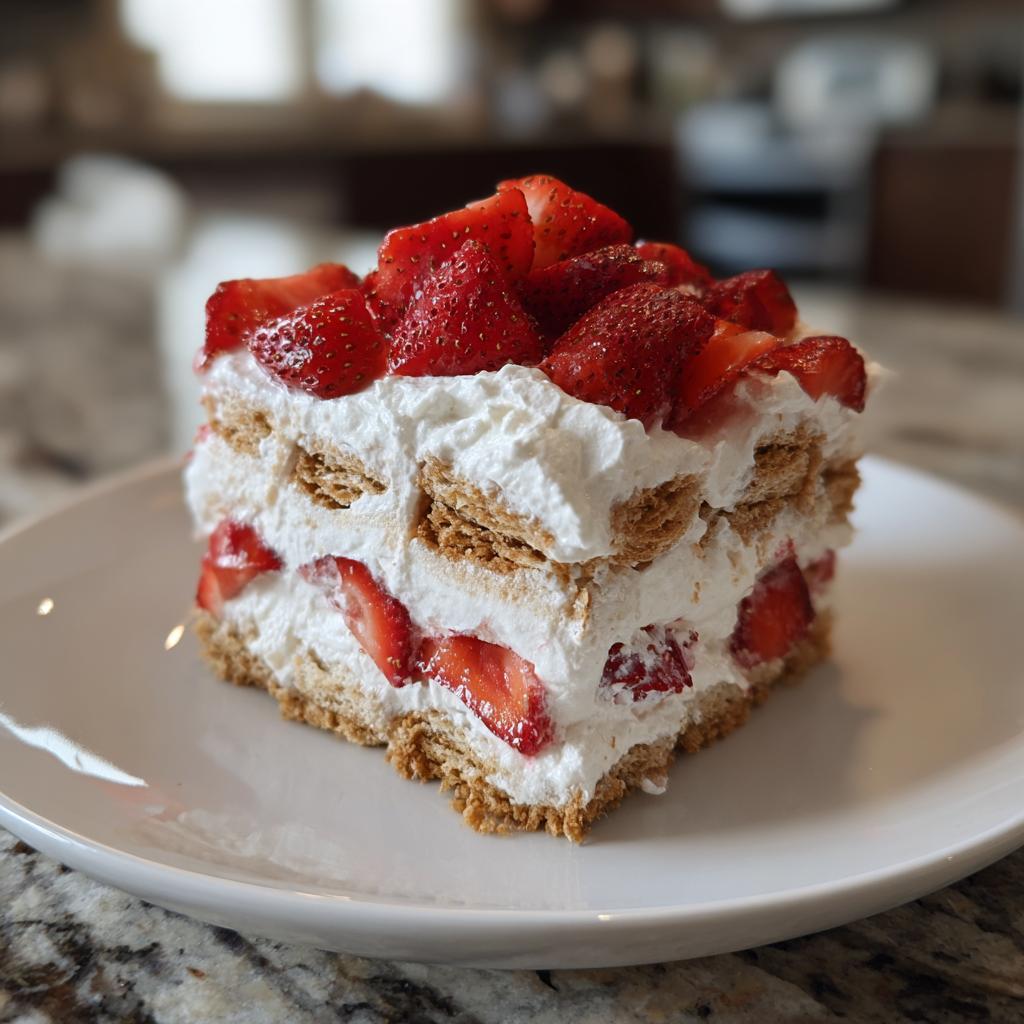 A slice of creamy strawberry icebox cake with layers of graham crackers, whipped cream, and fresh strawberries.